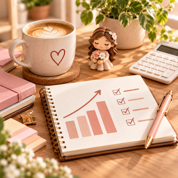 Cuaderno con gráfico de ventas y calculadora junto a piezas de porcelana fría