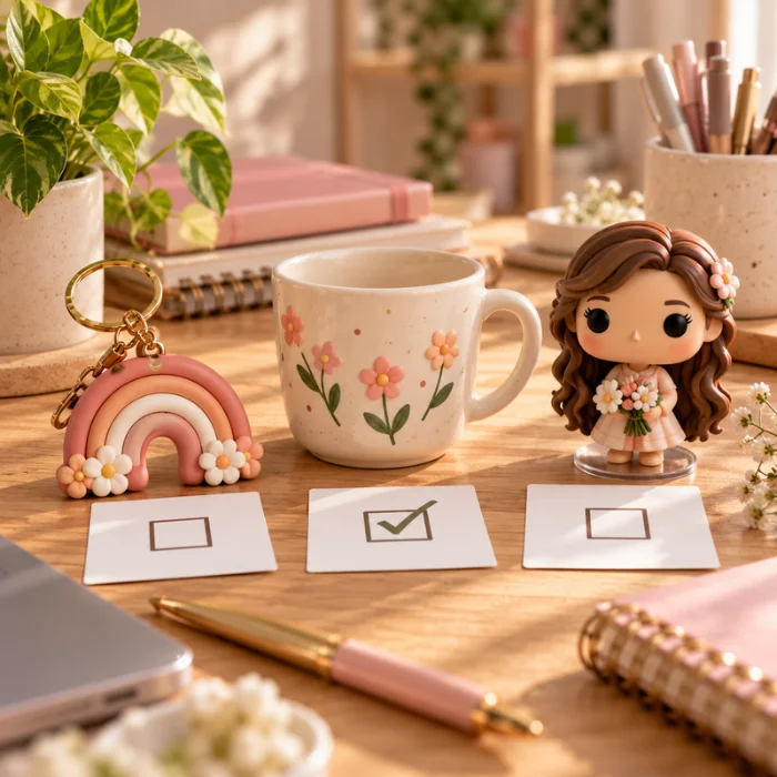 Piezas de porcelana fría junto a tarjetas de verificación sobre la mesa